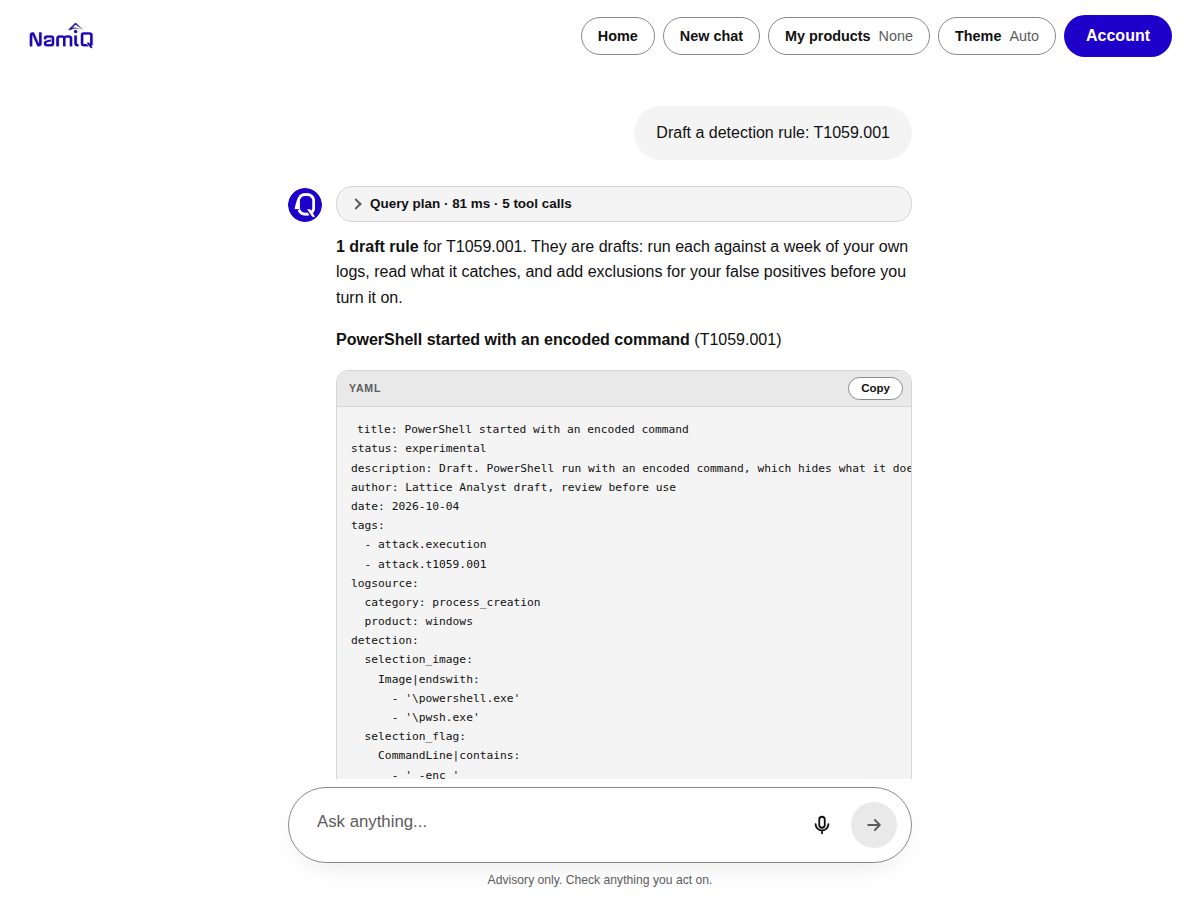 A Sigma detection rule draft with a Copy button